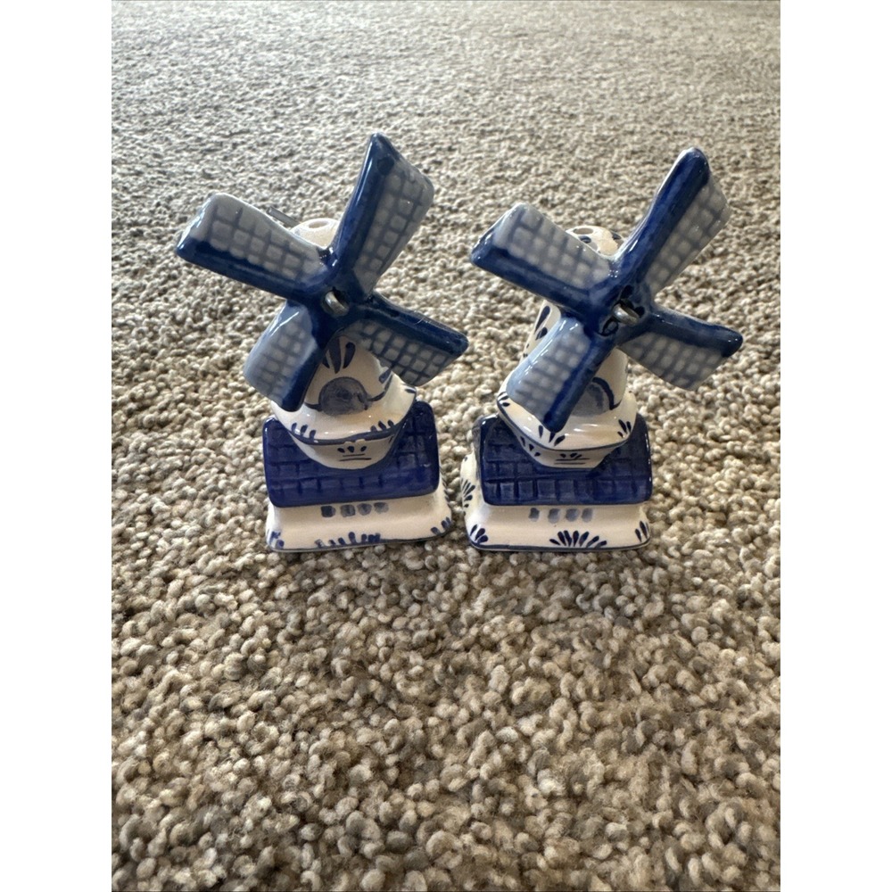 Windmill Salt & Pepper Shakers Blue and White Hand‎ Painted